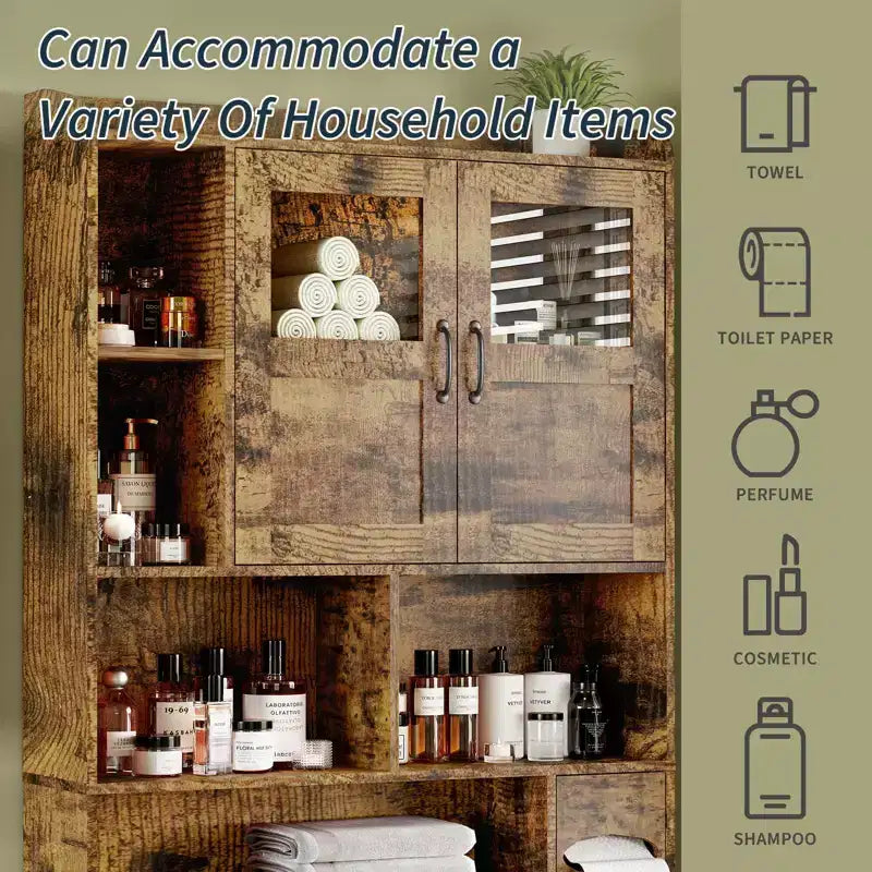 COZONY Over Toilet Storage Cabinet, Freestanding Bathroom Organizer w/ Adjustable Shelves & Glass Doors