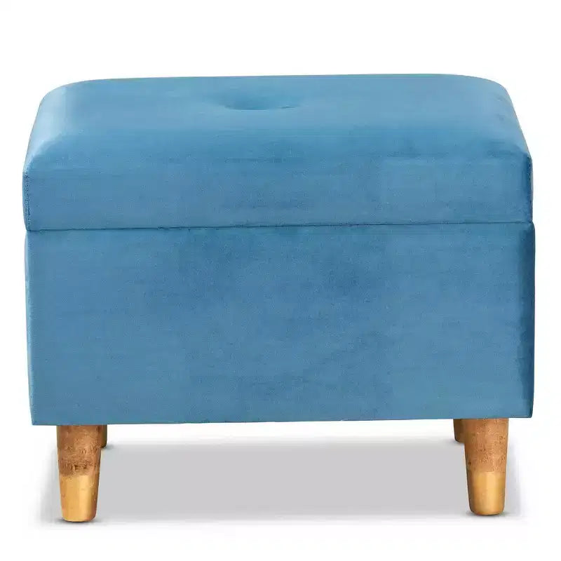 Baxton Studio Elias Velvet and Wood Storage Ottoman Blue/Oak: Padded, Rectangular Storage Seat