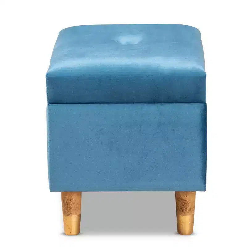 Baxton Studio Elias Velvet and Wood Storage Ottoman Blue/Oak: Padded, Rectangular Storage Seat