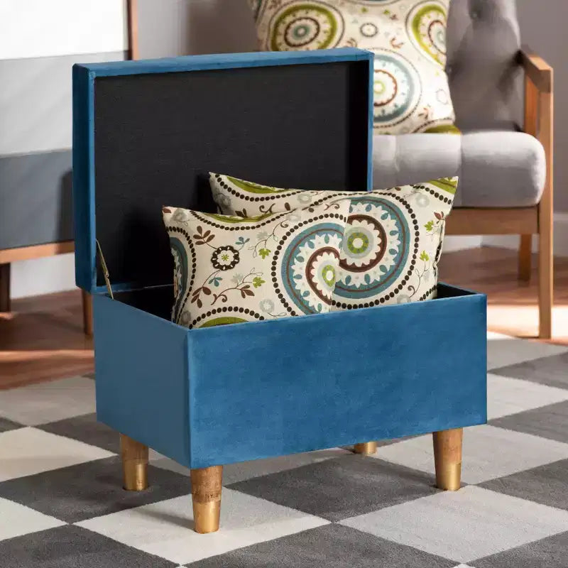 Baxton Studio Elias Velvet and Wood Storage Ottoman Blue/Oak: Padded, Rectangular Storage Seat