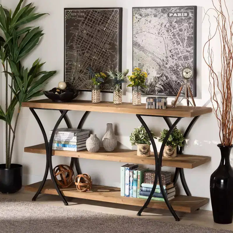 Baxton Studio Terrell Wood and Metal Console Table Brown: Entryway Furniture, Rectangular Sofa Table