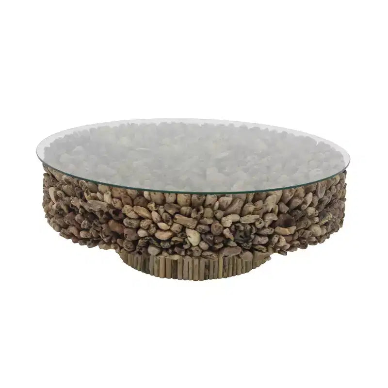 Rustic Driftwood Coffee Table Brown - Olivia & May: No Assembly, Glass Top, Wood Legs