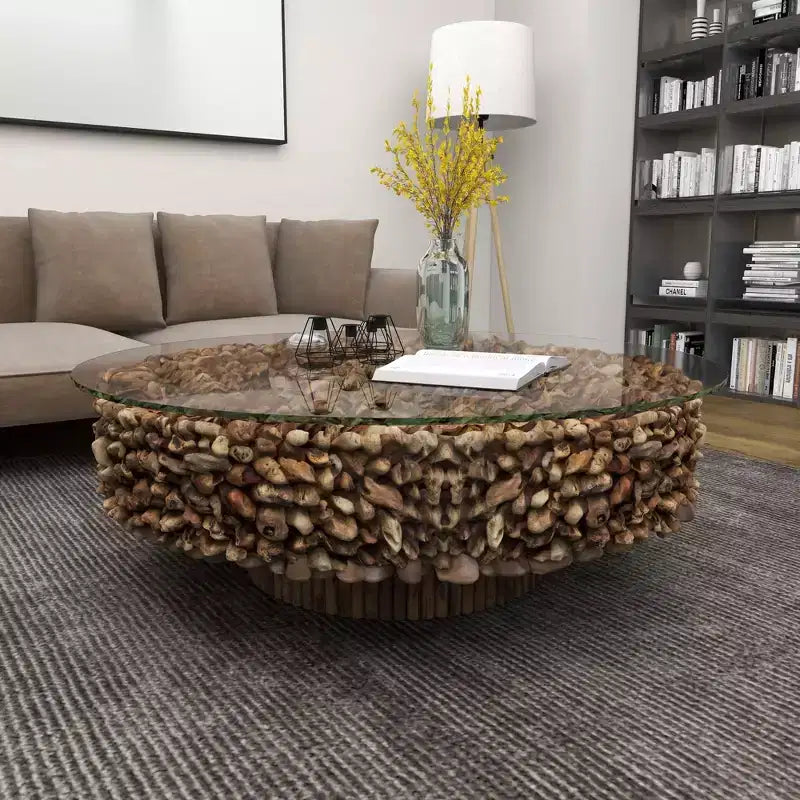 Rustic Driftwood Coffee Table Brown - Olivia & May: No Assembly, Glass Top, Wood Legs