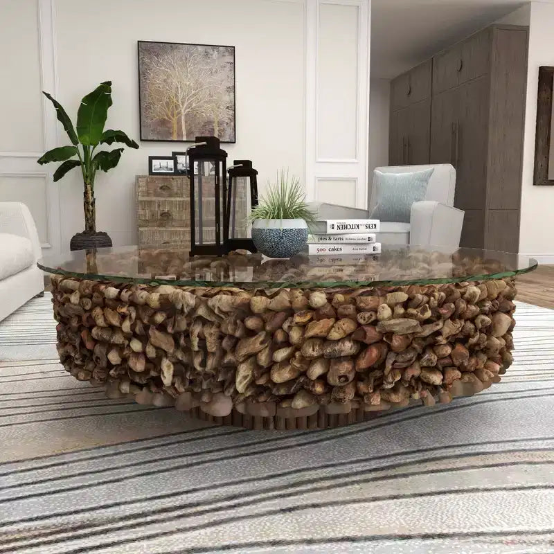 Rustic Driftwood Coffee Table Brown - Olivia & May: No Assembly, Glass Top, Wood Legs