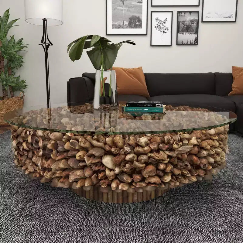 Rustic Driftwood Coffee Table Brown - Olivia & May: No Assembly, Glass Top, Wood Legs