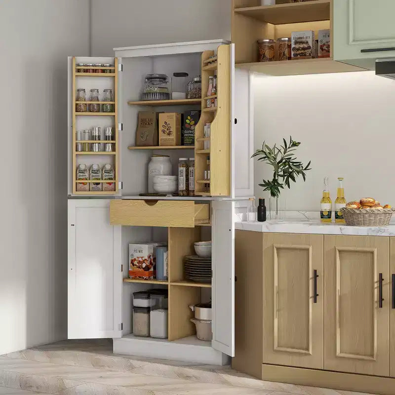 HOMCOM 72 Kitchen Pantry, 4-Door Kitchen Cabinet with 5-tier Storage Shelving, 8 Spice Racks, Interior Drawer and Adjustable Shelves, White