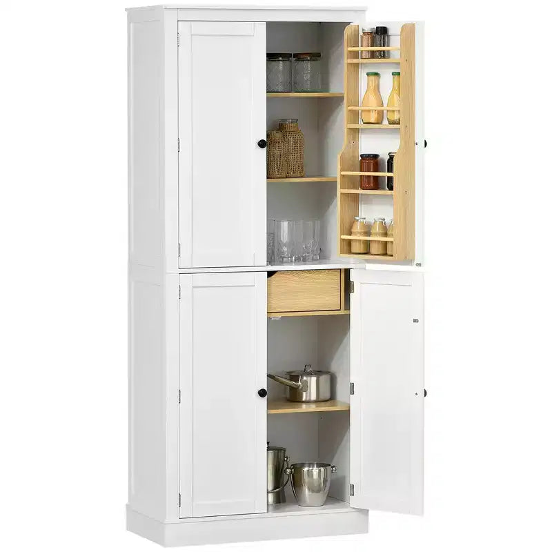 HOMCOM 72 Kitchen Pantry, 4-Door Kitchen Cabinet with 5-tier Storage Shelving, 8 Spice Racks, Interior Drawer and Adjustable Shelves, White